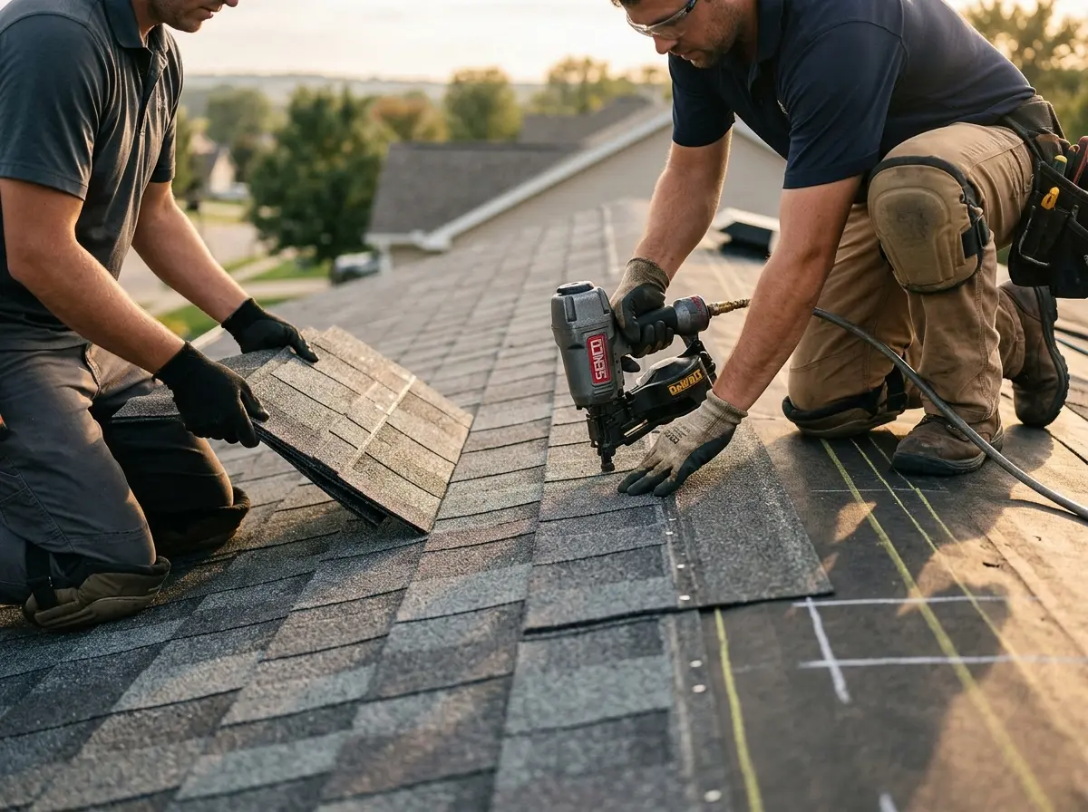 Professional roofer working on a residential roof in Fitchburg